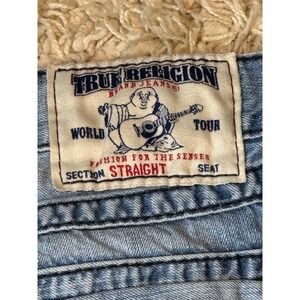 True Religion World Tour Straight Jeans 34 Made in USA Light Wash Flap Y2K VTG